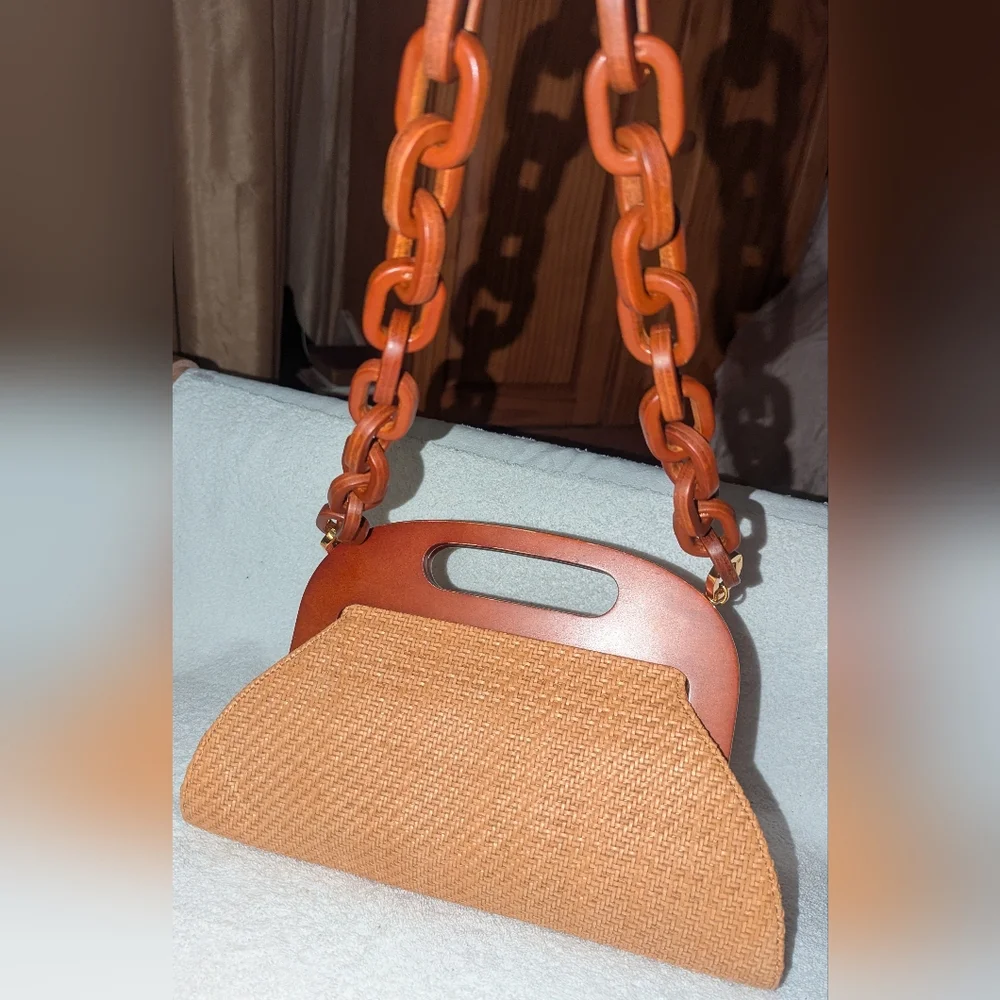 Michael Kors Collection  Tan and Brown Woven Clutch with Chain Accent - Picture 3 of 11